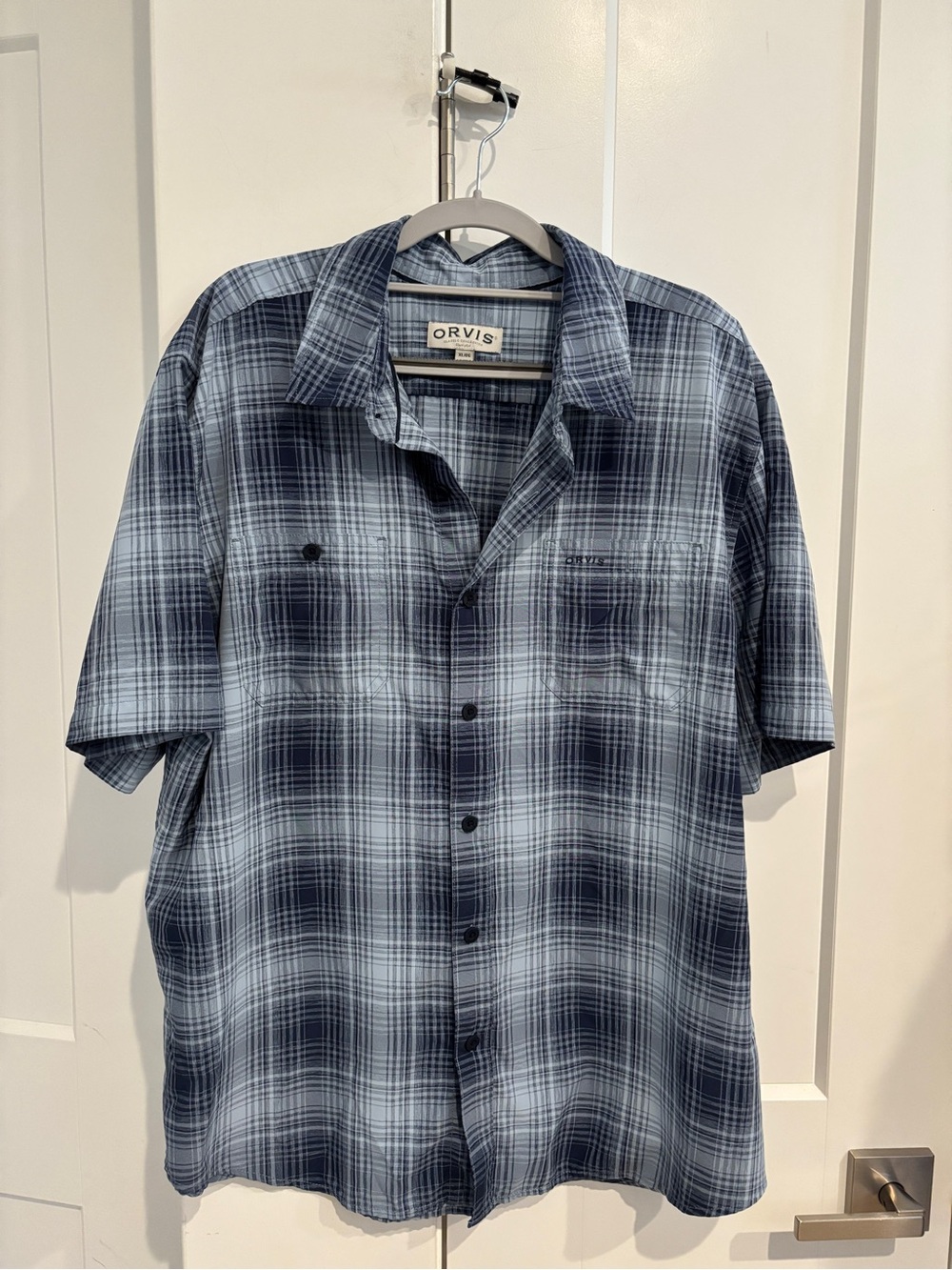 Orvis Men's Navy and Light Blue Plaid Short-Sleeve Button-Down
